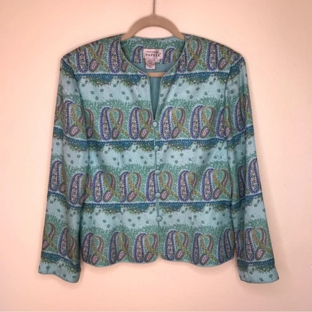 Vintage Adrianna Papell Paisley Silk Jacket Button Front Round Neck Women 12